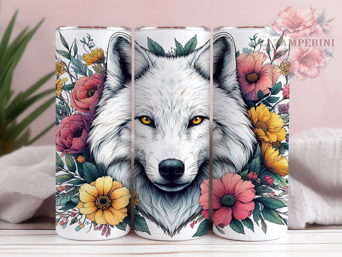 Vintage Wolf White Flower 20oz Tumbler Wrap PNG, Wolf White Tumbler Png, Straight & Tapered Tumbler Wrap, Instant Digital Download Sublimation Li Zamperini 