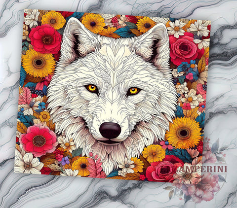 Vintage Wolf White Flower 20oz Tumbler Wrap PNG, Wolf White Tumbler Png, Straight & Tapered Tumbler Wrap, Instant Digital Download Sublimation Li Zamperini 