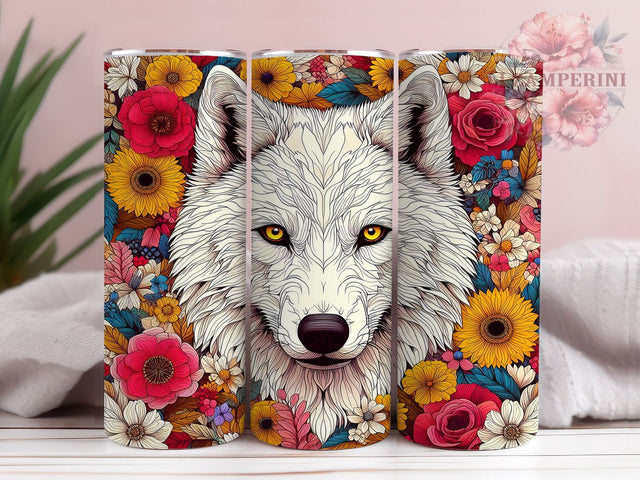 Vintage Wolf White Flower 20oz Tumbler Wrap PNG, Wolf White Tumbler Png, Straight & Tapered Tumbler Wrap, Instant Digital Download Sublimation Li Zamperini 