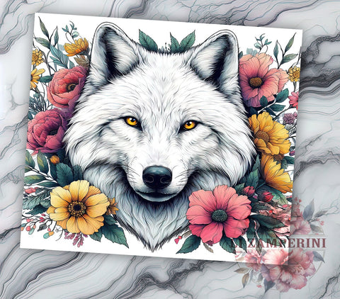 Vintage Wolf White Flower 20oz Tumbler Wrap PNG, Wolf White Tumbler Png, Straight & Tapered Tumbler Wrap, Instant Digital Download Sublimation Li Zamperini 