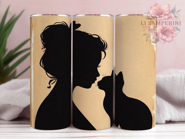 Vintage Woman Cat Lover Tumbler, Cat Lover Tumbler Wrap, Silhouette PNG Design, 20oz Skinny Tumbler, Retro Style Tumbler, Feminine Cat Sublimation, Elegant Tumbler Wrap Sublimation Li Zamperini 