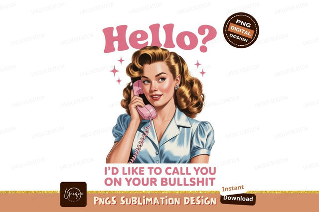 Vintage woman talking on pink phone retro Sublimation Designangry 