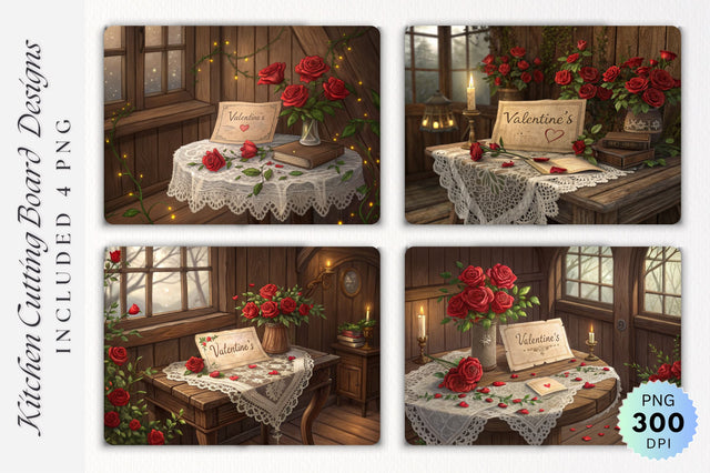 Vintage Wooden Setting with Red Flowers and Valentine's Note Cutting Board Sublimation Regulrcrative 