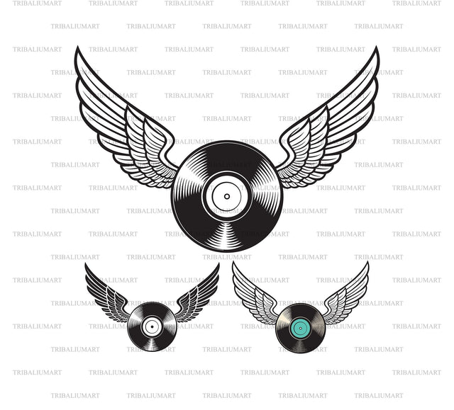 Vinyl Disc (record) with Wings. Flying Vinyl. SVG TribaliumArtSF 