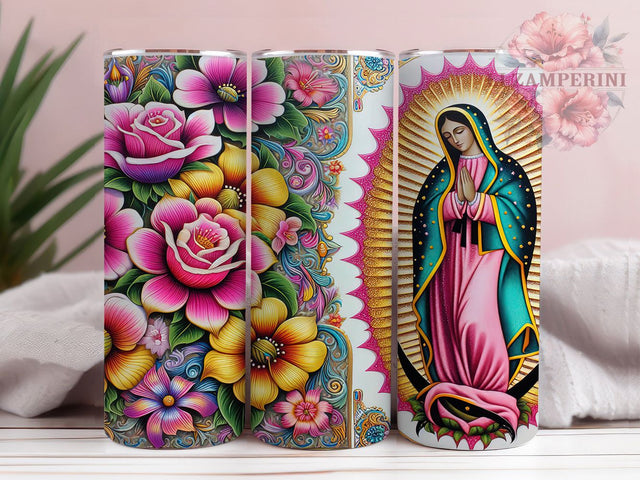 Virgen de Guadalupe Talavera Tumbler, Talavera Pattern Cup, Mexican Religious Art Mug, Catholic Faith Drinkware, Our Lady Of Guadalupe Gift, Colorful Ceramic Style Tumbler Sublimation Li Zamperini 