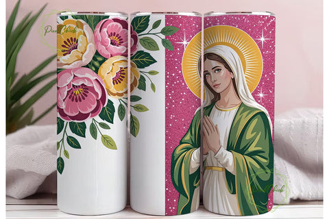 Virgin Mary Floral Glitter 20oz Tumbler Sublimation PixelChick 