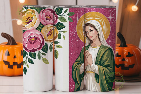 Virgin Mary Floral Glitter 20oz Tumbler Sublimation PixelChick 