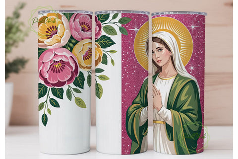 Virgin Mary Floral Glitter 20oz Tumbler Sublimation PixelChick 