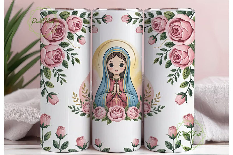 Virgin Mary Floral Tumbler Wrap Sublimation PixelChick 
