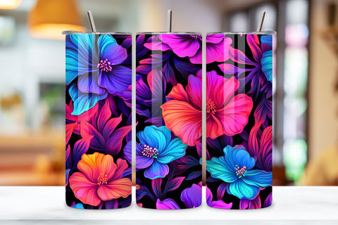 Vivid Neon Bloom Tumbler wrap, Seamless PNG Wrap, 3D Neon Floral Fantasy Tumbler wrap, Seamless Wrap PNG Sublimation FloridPrintables 