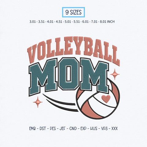 Volleyball Mom Embroidery Design – Retro Varsity Sports Mom Volleyball Heart Machine Embroidery File Embroidery/Applique DESIGNS PatternFeed8 