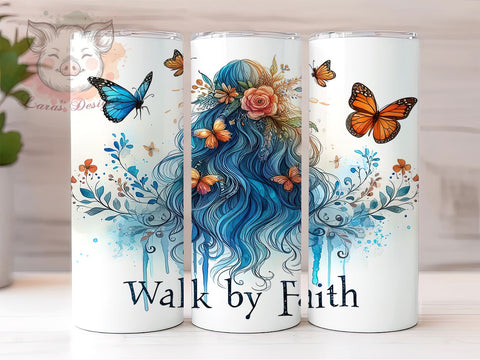 Walk By Faith 20oz Tumbler Png, Straight & Tapered Tumbler Png, Flower Girl Bible Verse Religious Tumbler Png, Digital Download PNG Sublimation Lara' s Designs 