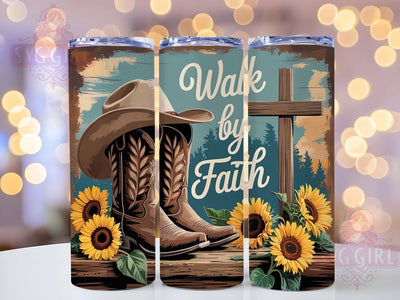 Walk By Faith Western Tumbler, Cowboy Boots, Walk By Faith, Cross Symbol, Rustic Faith Design, Spiritual Theme, Country Charm, 20Oz Tumbler, Sublimation Wrap Sublimation SvggirlplusArt 