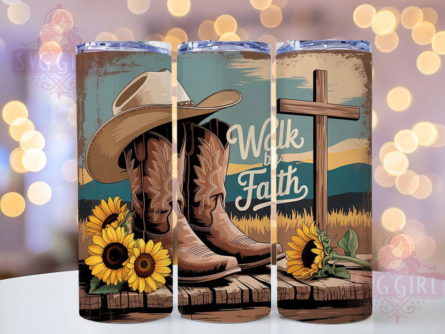 Walk By Faith Western Tumbler, Cowboy Boots, Walk By Faith, Cross Symbol, Rustic Faith Design, Spiritual Theme, Country Charm, 20Oz Tumbler, Sublimation Wrap Sublimation SvggirlplusArt 