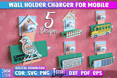 Wall Mobile Charger Holder Bundle | Wall Organizer | Wall Mount Phone Holder | CNC File SVG The T Store Design 