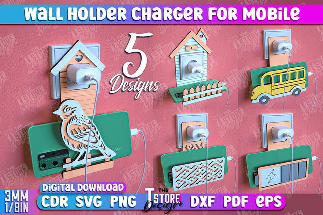 Wall Mobile Charger Holder Bundle | Wall Organizer | Wall Mount Phone Holder | CNC File SVG The T Store Design 