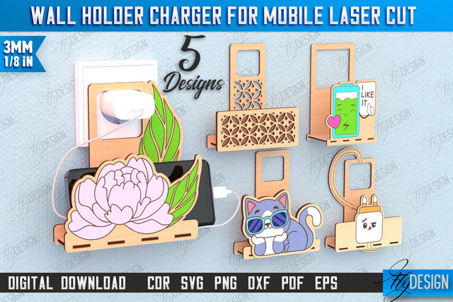Wall Mobile Charger Holder Laser Cut Bundle | Wall Organizer | Wall Mount Phone Holder | CNC File SVG Fly Design 