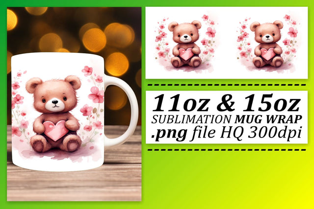 Warm Heart, Cozy Mug: Watercolor Valentines Bear Sublimation afrosvg 