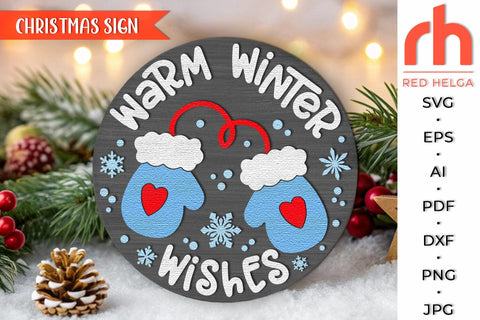Warm Winter Wishes SVG, Christmas Mitten Door Sign Cut File SVG RedHelgaArt 