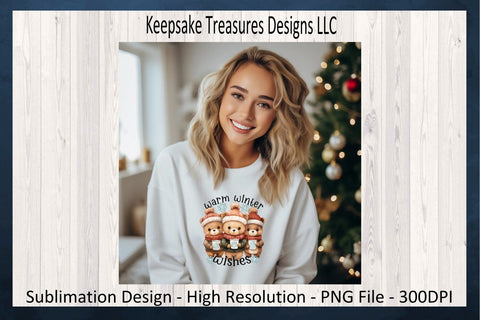 Warm Winter Wishes Teddy Bear Sublimation PNG, Winter T-Shirt PNG, Hot Cocoa Cup Clipart, Merry Christmas, Digital Download, PNG Printable Sublimation Keepsake Treasures Designs LLC. 