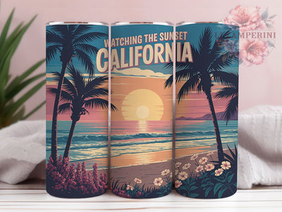Watching The Sunset 20oz Tumbler, Watching The Sunset Phrase, California Beach Scene, Vibrant Sunset Illustration, Sublimation Tumbler Wrap, 20oz Tumbler, Fun Summer Gift Sublimation Li Zamperini 