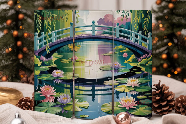 Water Lilies & Japanese Bridge Tumbler Sublimation DesignSVG 