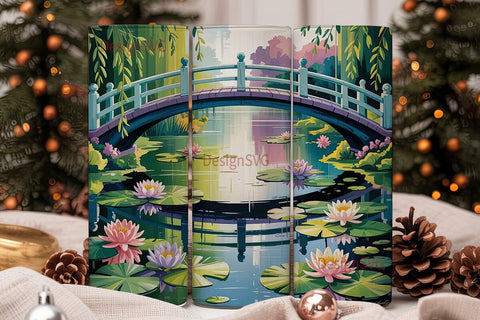 Water Lilies & Japanese Bridge Tumbler Sublimation DesignSVG 