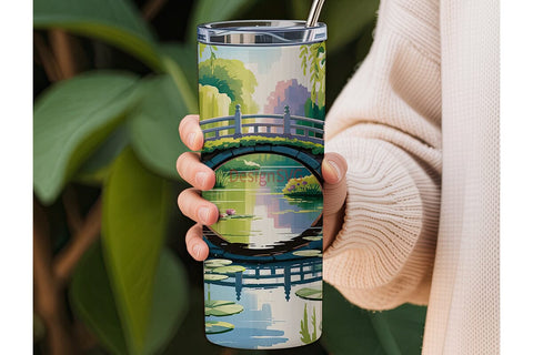 Water Lilies & Japanese Bridge Tumbler Sublimation DesignSVG 