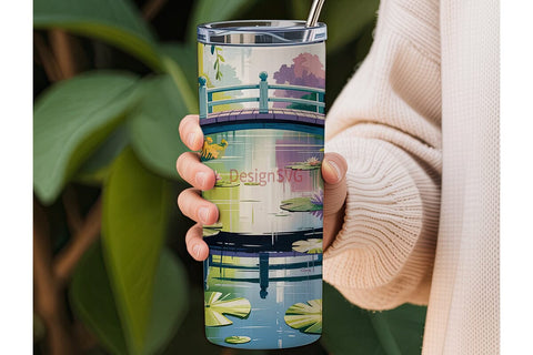Water Lilies & Japanese Bridge Tumbler Sublimation DesignSVG 