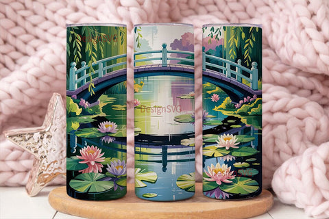 Water Lilies & Japanese Bridge Tumbler Sublimation DesignSVG 