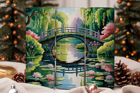 Water Lilies & Japanese Bridge Tumbler Sublimation DesignSVG 