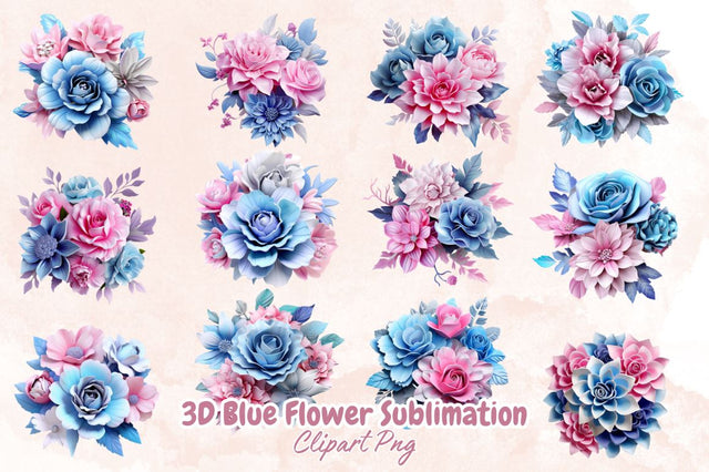 Watercolor 3D Blue Flower Sublimation Clipart Bundle Sublimation Designangry 