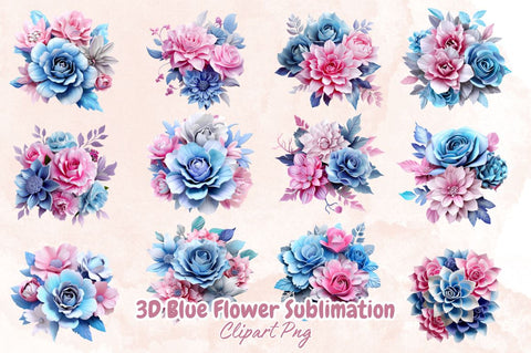 Watercolor 3D Blue Flower Sublimation Clipart Bundle Sublimation Designangry 