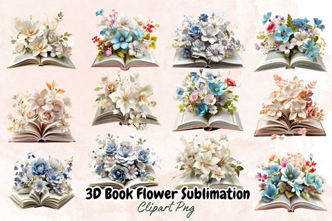 Watercolor 3D Book Flower Sublimation Clipart Bundle Sublimation Designangry 