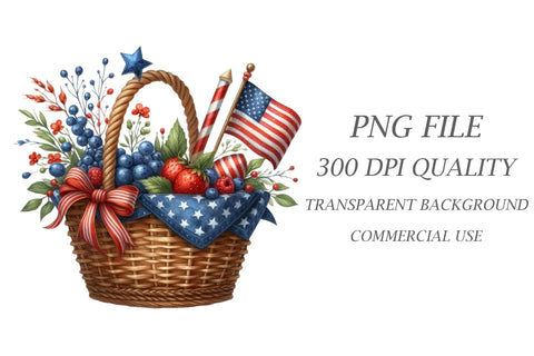 Watercolor 4ft Of July Basket Clipart Sublimation Rupkotha 
