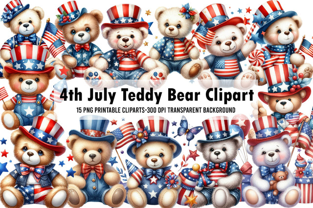 Watercolor 4th July Teddy Bear Clipart Sublimation Rupkotha 