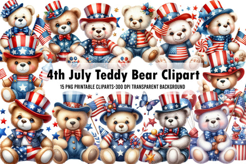 Watercolor 4th July Teddy Bear Clipart Sublimation Rupkotha 