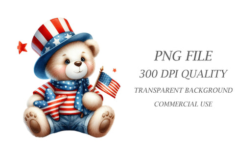 Watercolor 4th July Teddy Bear Clipart Sublimation Rupkotha 