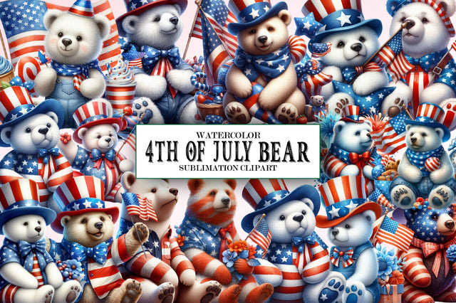 Watercolor 4th of July Bear Clipart Sublimation SVGista 