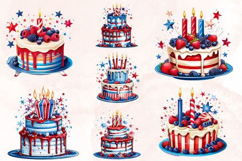 Watercolor 4th of July Cake Sublimation Clipart Bundle SVG Designangry 