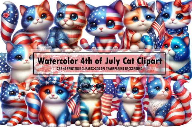 watercolor 4th of July Cat Clipart Sublimation designartist 