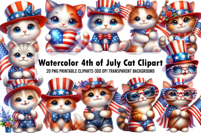 Watercolor 4th of July Cat Clipart Sublimation Rupkotha 