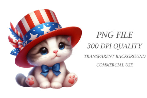 Watercolor 4th of July Cat Clipart Sublimation Rupkotha 