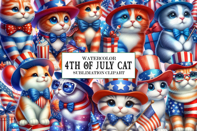 Watercolor 4th of July Cat Clipart Sublimation SVGista 