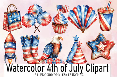 Watercolor 4th of July Clipart Bundle. Sublimation SVGArt 