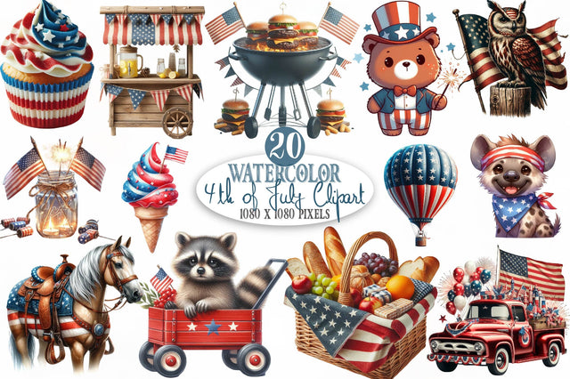 Watercolor 4th of July Clipart PNG Sublimation SVGista 