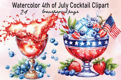 Watercolor 4th of July Cocktail Clipart Bundle. Sublimation SVGArt 