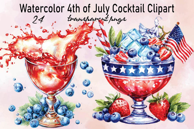 Watercolor 4th of July Cocktail Clipart Bundle. Sublimation SVGArt 