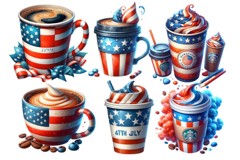 Watercolor 4th of July Coffee Clipart Sublimation designartist 