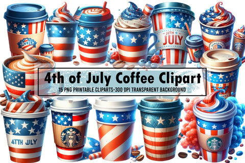 Watercolor 4th of July Coffee Clipart Sublimation designartist 